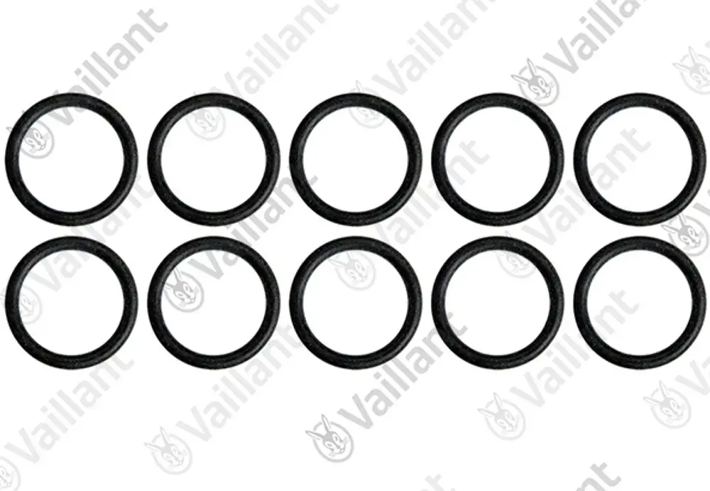 Schwarze O-Ringe in gerader Anordnung, zehn Stück. Produkt von Vaillant, geeignet für verschiedene Anwendungen in Heizungs- und Sanitärsystemen.